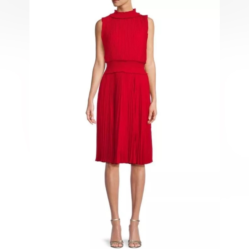Nanette Lepore Red Smocked Pleated Dress Size 12 Mock Neck Evening Wedding - Picture 15 of 16